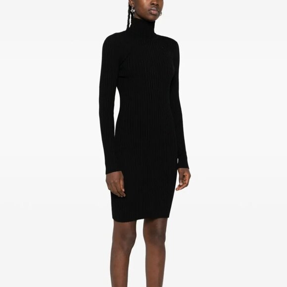 NWT WOLFORD Black Wool Blend Ribbed Turtleneck Dress Size Large - Picture 1 of 8